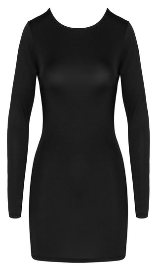 Mini Dress Svart med Öppen Rygg är en figurnära, långärmad svart miniklänning med rund halsringning från Cottelli PARTY-kollektionen, som visas mot en enfärgad vit bakgrund.