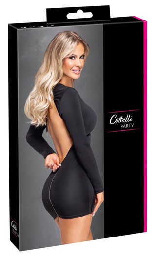 En kvinna i en svart, rygglös "Mini Dress Svart med Öppen Rygg" ler över axeln på produktrutan.