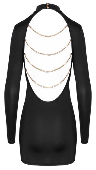 Svart Mini Dress Med Kedjor - en elegant miniklänning med lång ärm, öppen rygg och stilfulla guldkedjor som dekor över ryggen.
