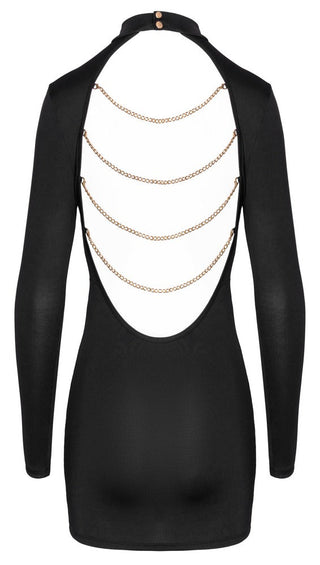 Svart Mini Dress Med Kedjor - en elegant miniklänning med lång ärm, öppen rygg och stilfulla guldkedjor som dekor över ryggen.