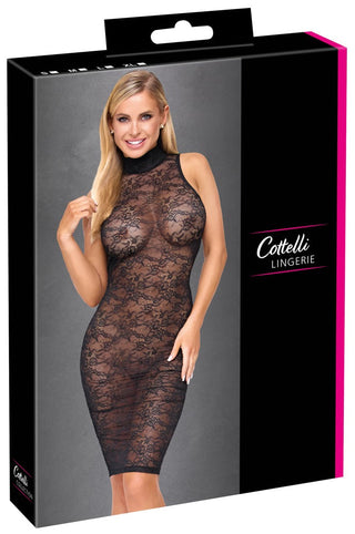En svart spetsklänning med utskärningar från Cottelli LINGERIE, visad i sin originalförpackning.