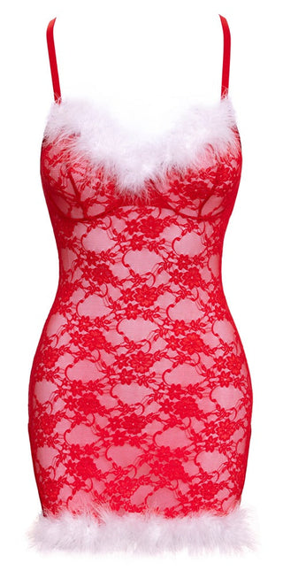 X-Mas Red Lace Klänning från Cottelli Lingerie har röd spets med tunna band, vit fuskpäls i halsringning och fåll samt ett fint blommönster - perfekt som en festlig julklänning.