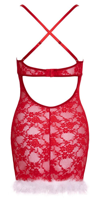 Bakifrån på X-Mas Red Lace Klänning från Cottelli Lingerie, med korslagda band och vit fjäderkant i nederkanten - perfekt som en festlig julklänning.