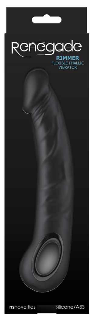 Rimmer Black Dildovibrator har en svart förpackning och är en flexibel, vattenresistent vibrator tillverkad av kroppssäker silikon från NS Novelties.