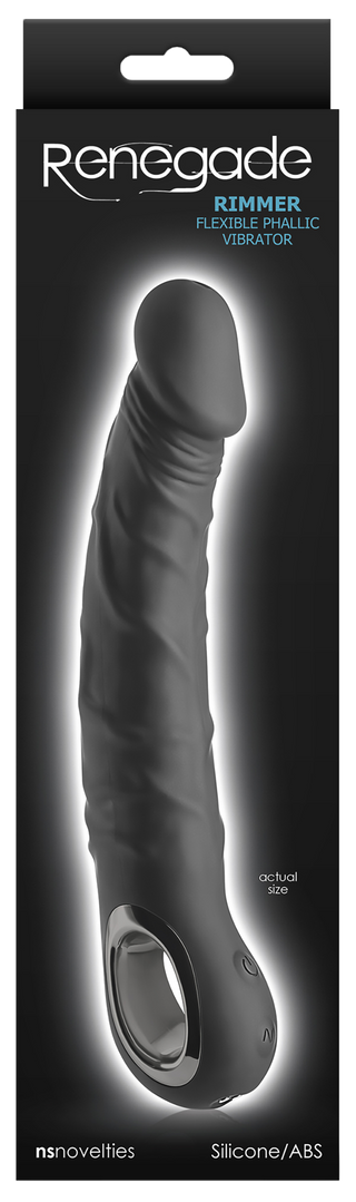 Rimmer Black Dildovibrator är en svart, vattenresistent vibrator i produktförpackning, tillverkad av kroppssäker silikon för säker och bekväm användning.