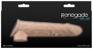En flytande silikon Tunn Penissleeve i Silikon i ljus hudton visas i en elegant svart förpackning märkt Renegade Annex-Thin.