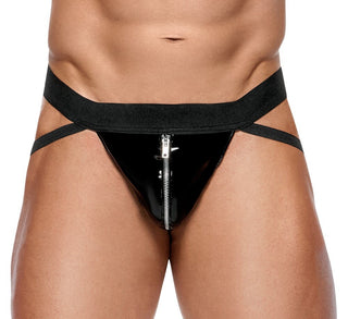 Någon stoltserar med Lack Jock Kalsong, en glänsande svart jockstrap i polyester med ett brett elastiskt midjeband och sidoband. Det lackeffekt-tyget glittrar mot den enkla vita bakgrunden, vilket skapar en slående kontrast.