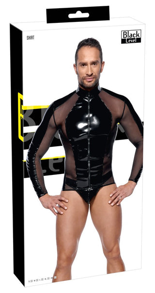Bodysuit i glänsande svart mesh och vinyl på detaljhandelsförpackning, med långa ärmar och knappdetaljer.