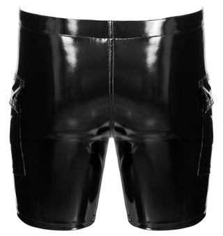 Svarta vinylshorts med fickor, sedda bakifrån, på en vit bakgrund.
