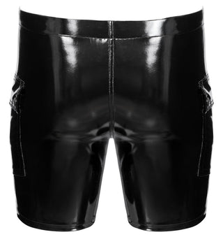 Svarta vinylshorts med fickor, sedda bakifrån, på en vit bakgrund.