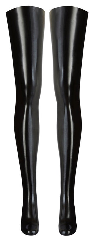 Ett par latexstrumpor i glänsande svart visas sida vid sida och framhäver deras högglansigt latexstruktur och släta finish.