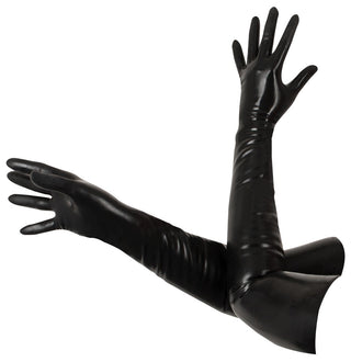 Långa Latexhandskar är långa, svarta gummihandskar. Den ena är förlängd uppåt medan den andra läggs horisontellt. De har ett glänsande, lätt skrynkligt utseende för flexibilitet och är designade för att täcka armarna upp till armbågarna.