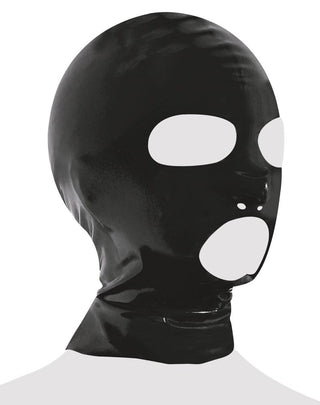 Svart Latexhuva 0,4 mm är en svart latexhuva med ögon- och munöppningar som täcker hela huvudet och halsen, vanligen använd i fetisch eller bondage. Den visas mot en vanlig vit bakgrund.