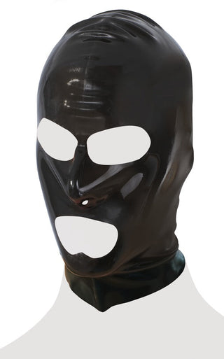 En person bär Svart Latexhuva 0,4 mm, en glänsande svart latexmask med ögon-, näs- och munutskärningar. Den är känd för sin fetischmode och har en slät glansig finish mot en vanlig vit bakgrund.