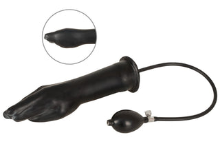 Uppblåsbar handdildo i svart latex med pump och slang.