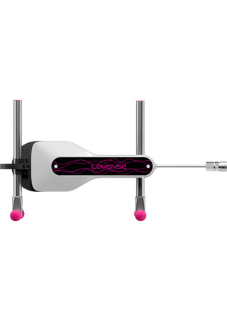 Kompakt sexmaskin i svart och vitt med rosa detaljer, justerbara ben i metall och ett Vac-U-Lock-fäste för dildon.