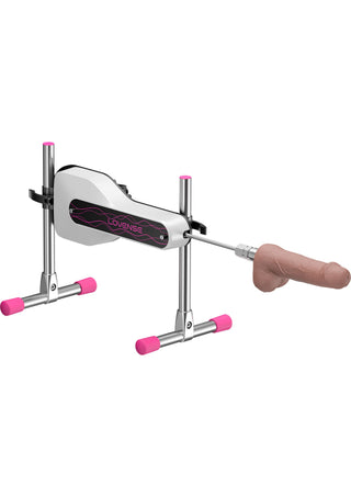 Rosa automatiserad sexmaskin med realistiskt Vac-U-Lock-dildotillbehör, med en elegant och modern design.