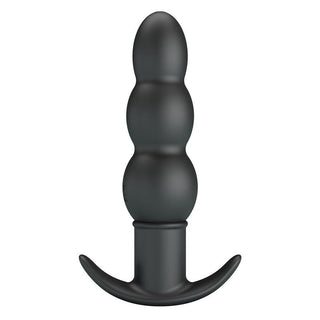 Svart analplugg i silikon med 10 vibrationslägen, enkel och slät design, fotograferad mot vit bakgrund.