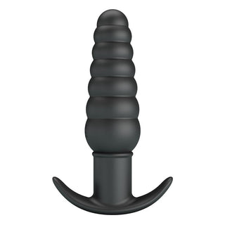 Svart analplugg i mjuk silikon med 10 vibrationslägen och en bred, utsvängd bas.
