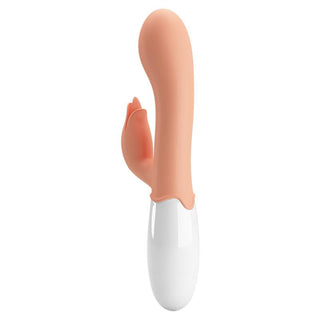 Kaninvibrator i rosa silikon med böjt skaft och vit bas, utformad för samtidig inre och yttre stimulering.