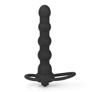 Lovetoy Dubbel Trouble Penisring är en svart silikon anal pärlleksak med en böjd säkerhetsbas, som visas upprätt mot en vit bakgrund - perfekt för nybörjare eller som en dubbel prober för mångsidig njutning.