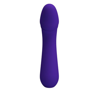 Mjuk Lila Vibrator Cetus, en blå silikon G-punkt massageapparat med cylindrisk form och rundad spets, visas elegant uppifrån på en vit bakgrund.