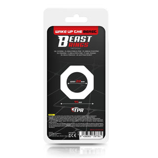 Bilden visar baksidan av Beast Polygon Cockring Klar, med en hexagonal design med ett genomskinligt fönster. Texten framhäver specifikationer som storlek (22 mm inre, 45 mm yttre diameter) och superflexibelt mjukt TPR-material av silikon.