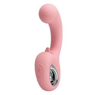 Rosa dubbelvibrator i silikon med böjt skaft, rörlig tunga och kontrollknappar vid basen.