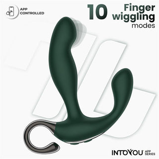 Greeny Prostatavibrator med Appstyrning i mörkgrönt har ergonomiskt handtag och böjd design. Utforska tio vibrationslägen för en skräddarsydd upplevelse.