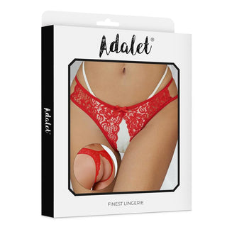Förpackning med Adalet Open Panty Röd underklänning med en bild på framsidan av modellen som bär den, med lockande designdetaljer som elegant spetsstring och öppen gren (open crotch).