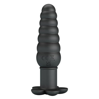 Svart, ribbad analplugg i mjuk silikon med flared bas och tio inställbara vibrationslägen.