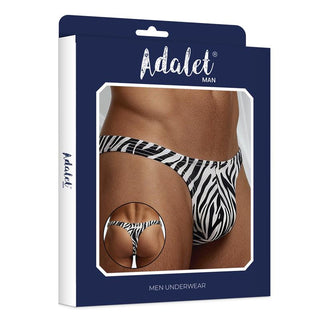 Herrstring med zebramönster i svart och vitt, i stretchmaterial, visas framifrån och bakifrån på förpackningen.