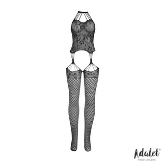 Julia Bodystocking Med Strumpeband: underkläder i svart spets med halterneck, strumpeband och nätstrumpor, mot en vit bakgrund.