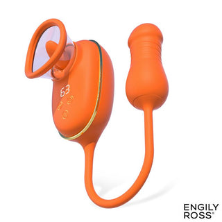Engily Ross Lizer Pro är en orange silikonleksak för vuxna med kontrollknappar, display och sladd. Den har Engily Ross-logotypen och innehåller en vibrerande äggfunktion för ökad njutning.