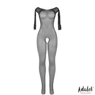 Maty Rhinestone Bodystocking - svart, genomskinligt nät med lång ärm och öppen gren, visas mot vit bakgrund.