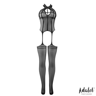 Mia Bodystocking med Halterneck har svart meshtyg med utskärningar, bågeaccenter och en antydan till strumpebandstil, visad mot en vit bakgrund.