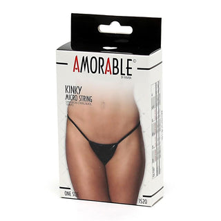 Svart stringtrosa i mikromaterial, tillverkad av mjukt tyg, utformad för att framhäva sin minimalistiska och eleganta design.