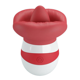 Röd och vit vattentät slickstimulator i silikon med stor mjuk öppning, batteridriven.