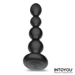 Svart analplugg i silikon med 360°-design, i upprätt läge, med INTOYOU-logotypen på vit bakgrund.