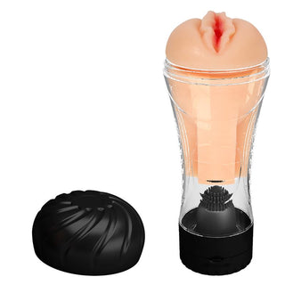 Genomskinlig masturbator för män med vaginal öppning, ribbad invändig hylsa och avtagbart svart lock.