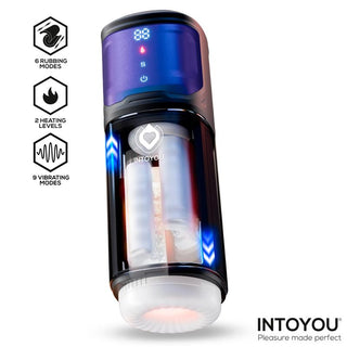 INTOYOU Nextor Värmande Masturbator är en sexleksak som erbjuder olika lägen och vibrationer, utrustad med knappar och en blå LED digital display.