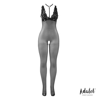 Bodystocking med Blommig Spets: Svart spets-bodystocking med strumpbyxeffekt, öppen gren, djup urringning och Adalet-logga i hörnet.