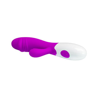 PrettyLove Snappy Purple är en kaninvibrator i lila och vit silikon med dubbla armar för stimulering av G-punkt och klitoris, samt enkla kontrollknappar på handtaget.