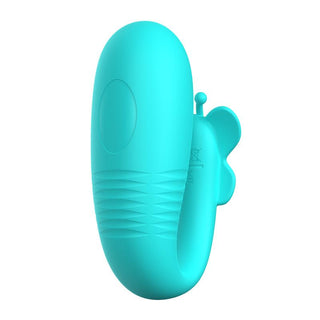 Turkosfärgat vibratorägg i silikon med slät, oval form och strukturerade räfflor längs ytan.