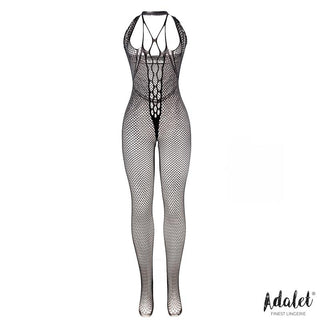Adalet Sarah Fishnet Bodystocking har ett intrikat frontmönster i svart, visat på en vit bakgrund - perfekt för dig som letar efter sensuella underkläder från Adalet Lingerie.