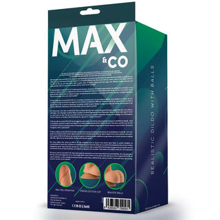 Låda innehållande Max & Co Saul Dildo 21 cm, tillverkad av kroppssäkert material med sugkopp. På förpackningen finns bilder och text som lyfter fram produktens egenskaper.