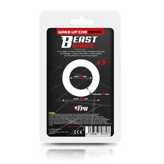 Förpackning för Beast Rings Penisring 3-pack, med tre vita ringar med storleksinformation och produktvarumärke på en elegant svart bakgrund - utformad för att förbättra uthållighet och erektion.