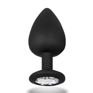 Afterdark Sparkly Buttplug har en svart silikondesign gjord av Premiumsilikon, med en ädelstensliknande bas som lyser mot en vit bakgrund.