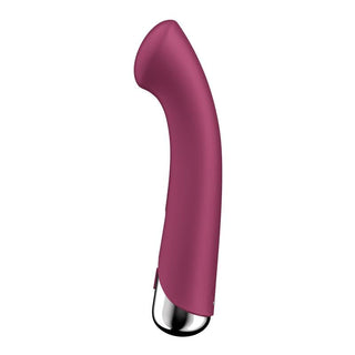 Satisfyer Spinning G-Spot är en rosa och silver vattentät vibrator med en smidig, ergonomisk design som ger skonsam rotation och vibration, visad på en vit bakgrund.