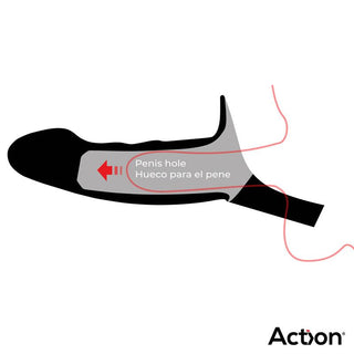 Illustration av en premium silikonhöljeliknande enhet märkt "Penis hole" på engelska och spanska, med röda former som visar området. Varumärket Action visas i hörnet. Produkt: Action Strap-On med Hollow Dildo.